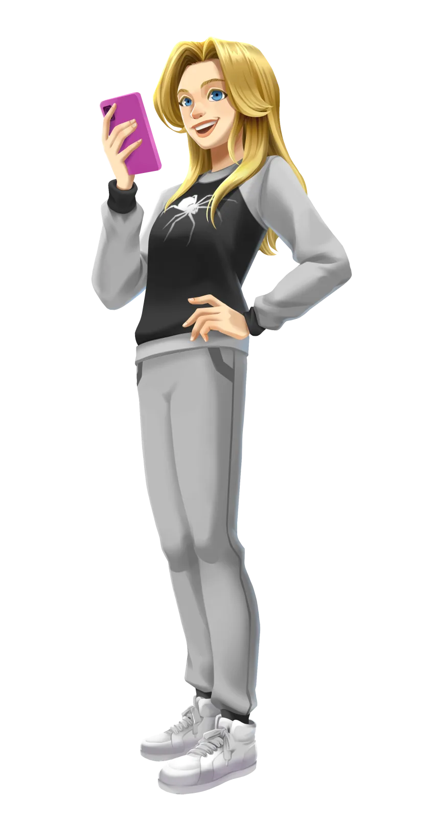 Quinn in her black Apex Academy uniform, holding her phone